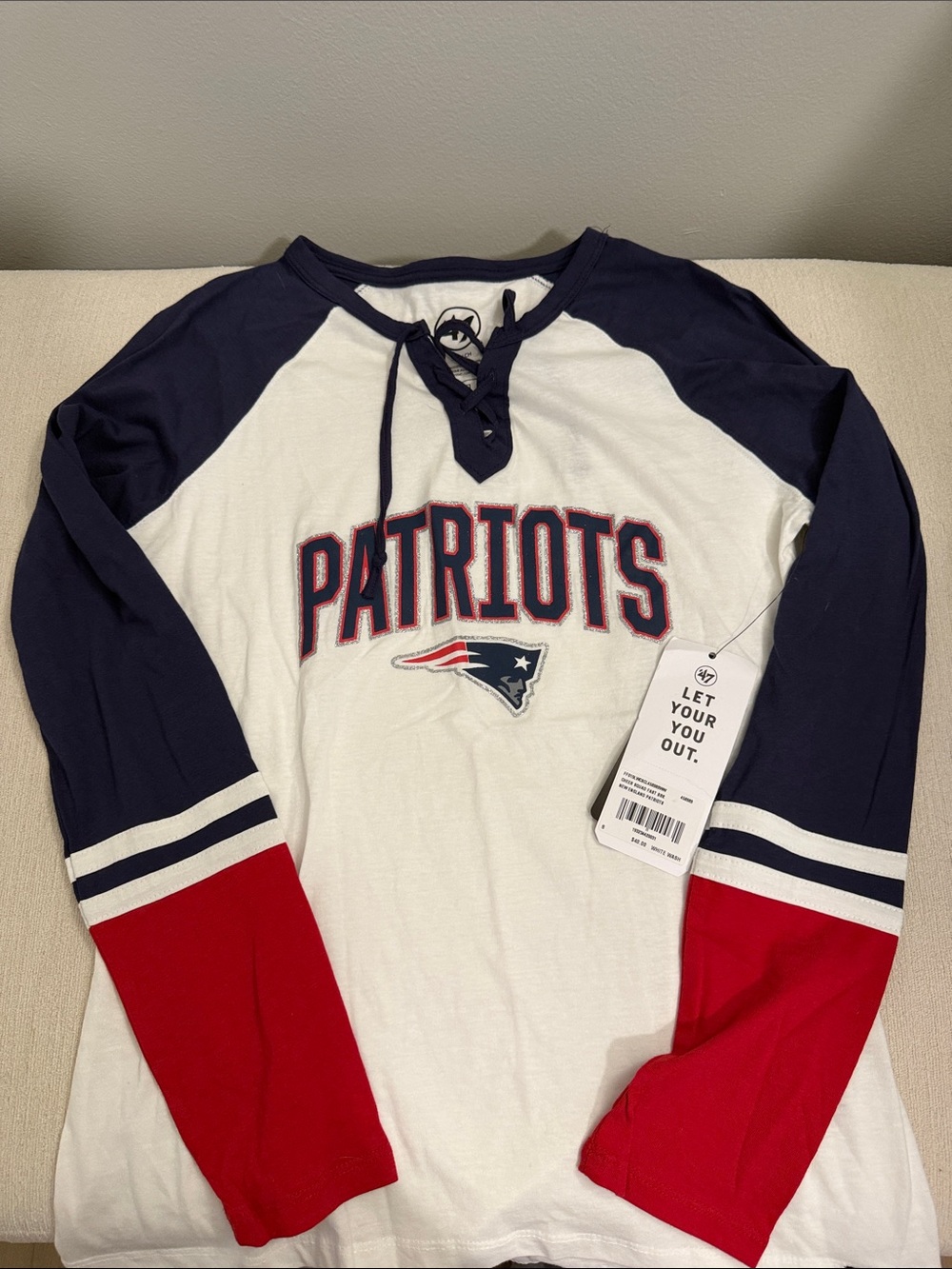47 Brand New England Patriots Colorblock Raglan Tee - White/Navy/Red